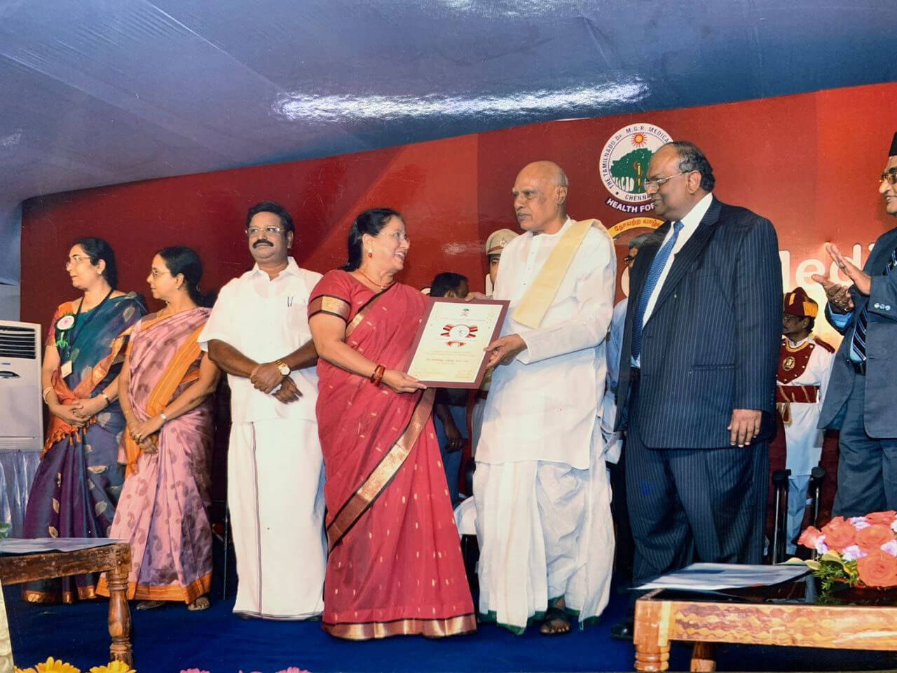 Dr. Prithika Chary with MGR Medical University Life time achievement award